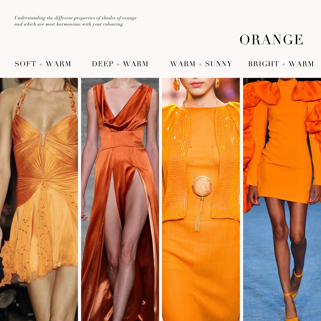 the image is a style guide showcasing different shades of orange, categorized by their properties (soft, deep, warm, sunny, bright). each shade is represented by a runway model wearing a dress or outfit in that particular hue. the top of the image provides a title "orange" and a brief introductory sentence, "understanding the different properties of shades of orange and which are most harmonious with your coloring." the image aims to educate viewers on how to determine which shade of orange best suits their personal coloring, suggesting that certain oranges are more harmonious with various skin tones and hair colors.  each orange shade is paired with descriptive terms, like "soft + warm" or "bright + warm," providing a more nuanced understanding beyond simply the color itself.