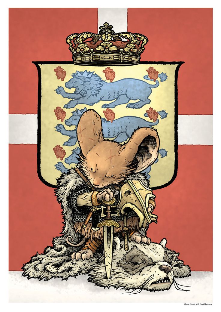 an illustration of a mouse guard warrior kneeling with his sword in front of the danish flag. the mouse is wearing chainmail and armor, and kneeling on top of a dead raccoon. the coat of arms is in the background, featuring lions and hearts, topped with a crown. the drawing is by david petersen.