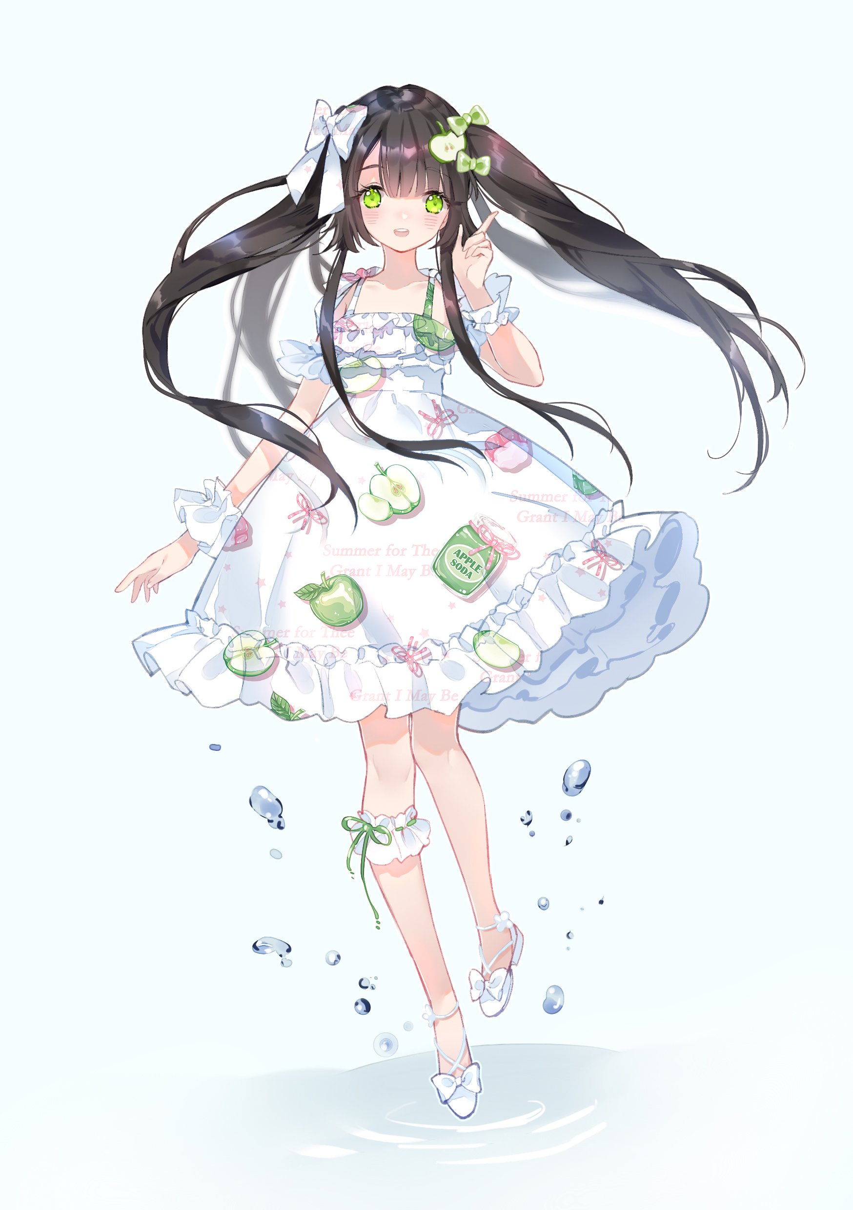 a cute anime girl with long black hair and green eyes is wearing a white dress with apples and flowers on it. she is smiling and pointing with her right hand, and her dress is swirling around her feet. she is standing in water, and there are water splashes around her. the background is a light blue color.