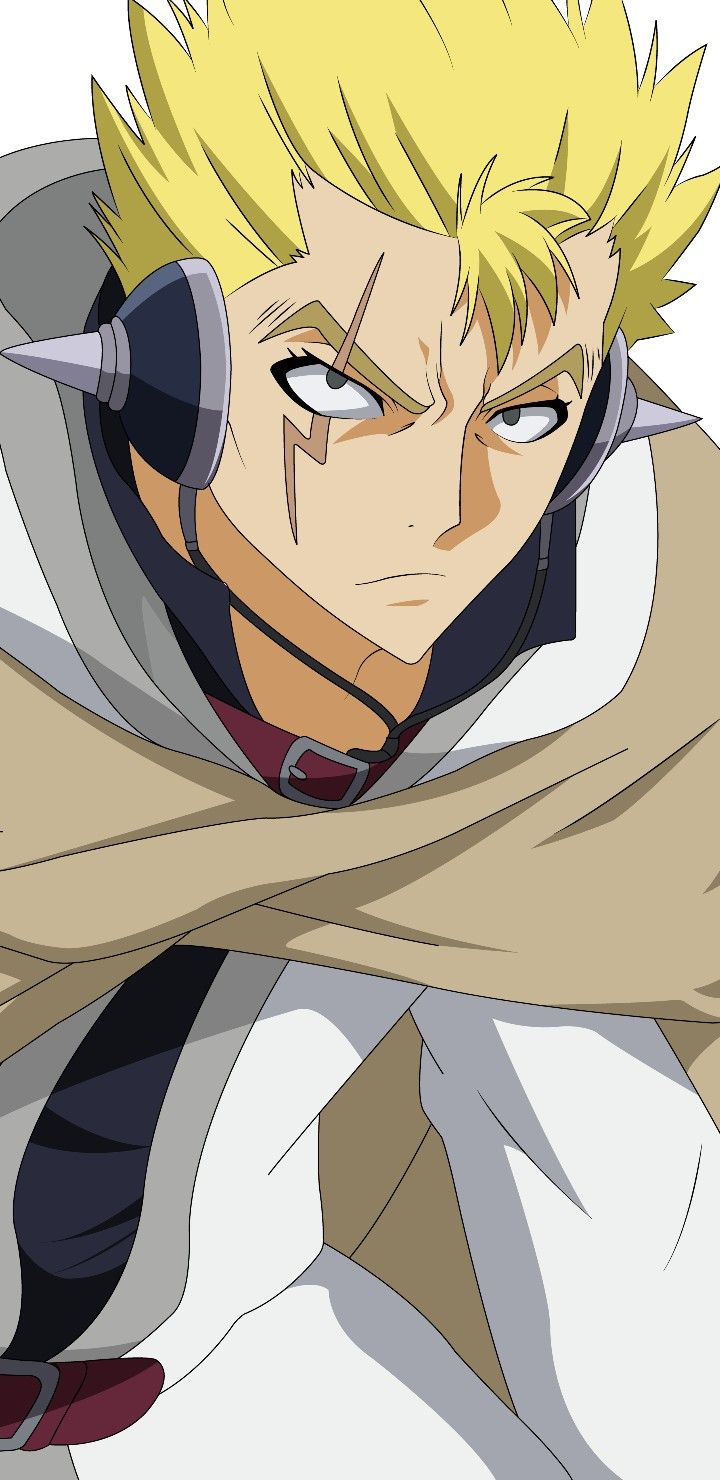 a young man with blonde hair, blue eyes, and a serious expression. he is wearing a black jacket, brown cloak, white shirt and has a facial scar. he is also wearing an earphone in his ear.