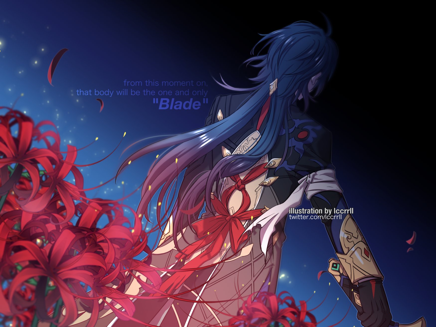 this is a digital art illustration of a character with blue hair standing in a dark and starry sky, holding a sword and with red flowers around them. the character has a dark and mysterious look with dark clothing.  the character has a very unique pose and the art is stylized with lots of detail and movement. the artwork is titled "blade" and was created by iccrrll.