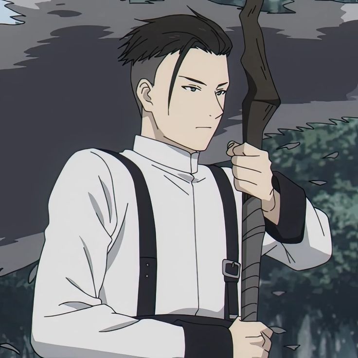 the image features an anime male character with black hair and a serious expression. he is dressed in a white shirt with black suspenders and dark trousers. he is holding a wooden staff in his right hand. the background is a dark grey with some trees visible in the background.