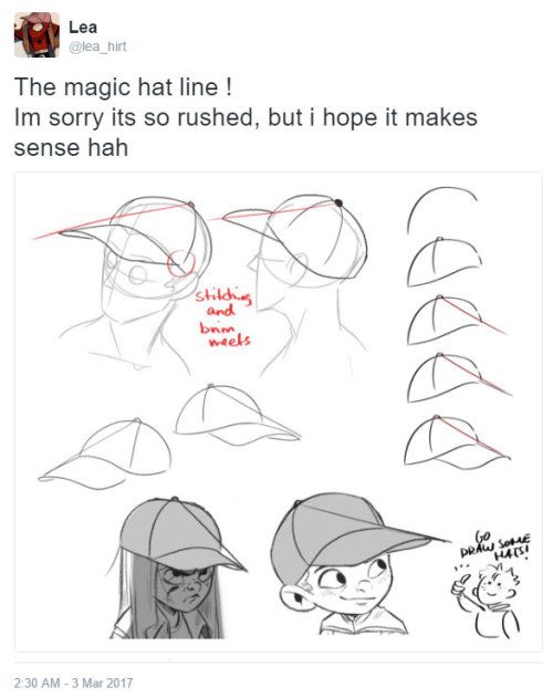 the image is a drawing tutorial on how to draw a hat line. the tutorial shows a sequence of steps, starting with a simple line and building up to a more detailed hat. the tutorial is written in a playful tone, with the caption "the magic hat line!" and "im sorry its so rushed, but i hope it makes sense hah". the image is also accompanied by a few cartoon characters, which are also wearing hats. the overall style of the image is cute and whimsical.