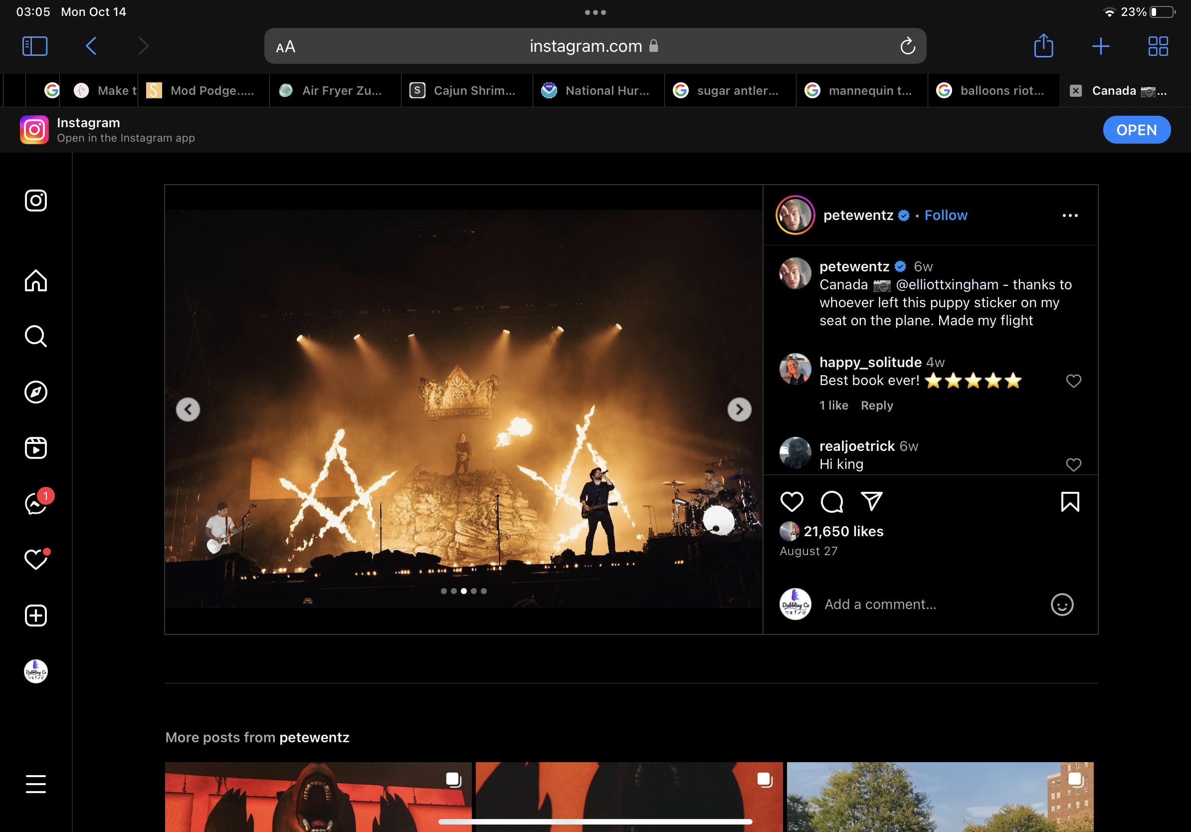 this is a screenshot of an instagram post from pete wentz. the image shows a concert stage with a singer playing a guitar. the crowd is visible in the background. the caption is about a puppy sticker that was left on pete wentz's seat on a plane. the post has 21,650 likes and many comments.