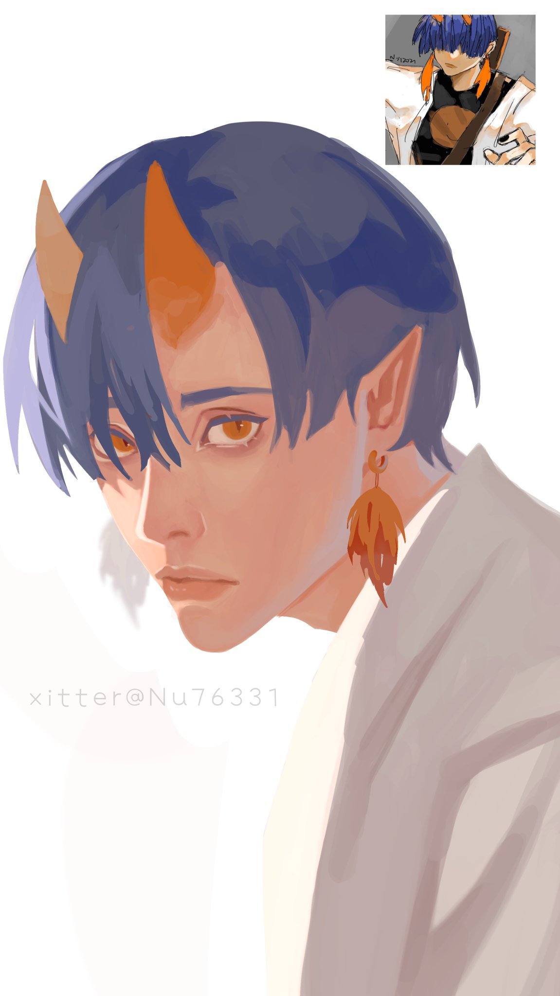 an anime boy with blue hair and orange horns wears a white jacket and orange earrings. he has orange eyes. the art style is digital and colorful.