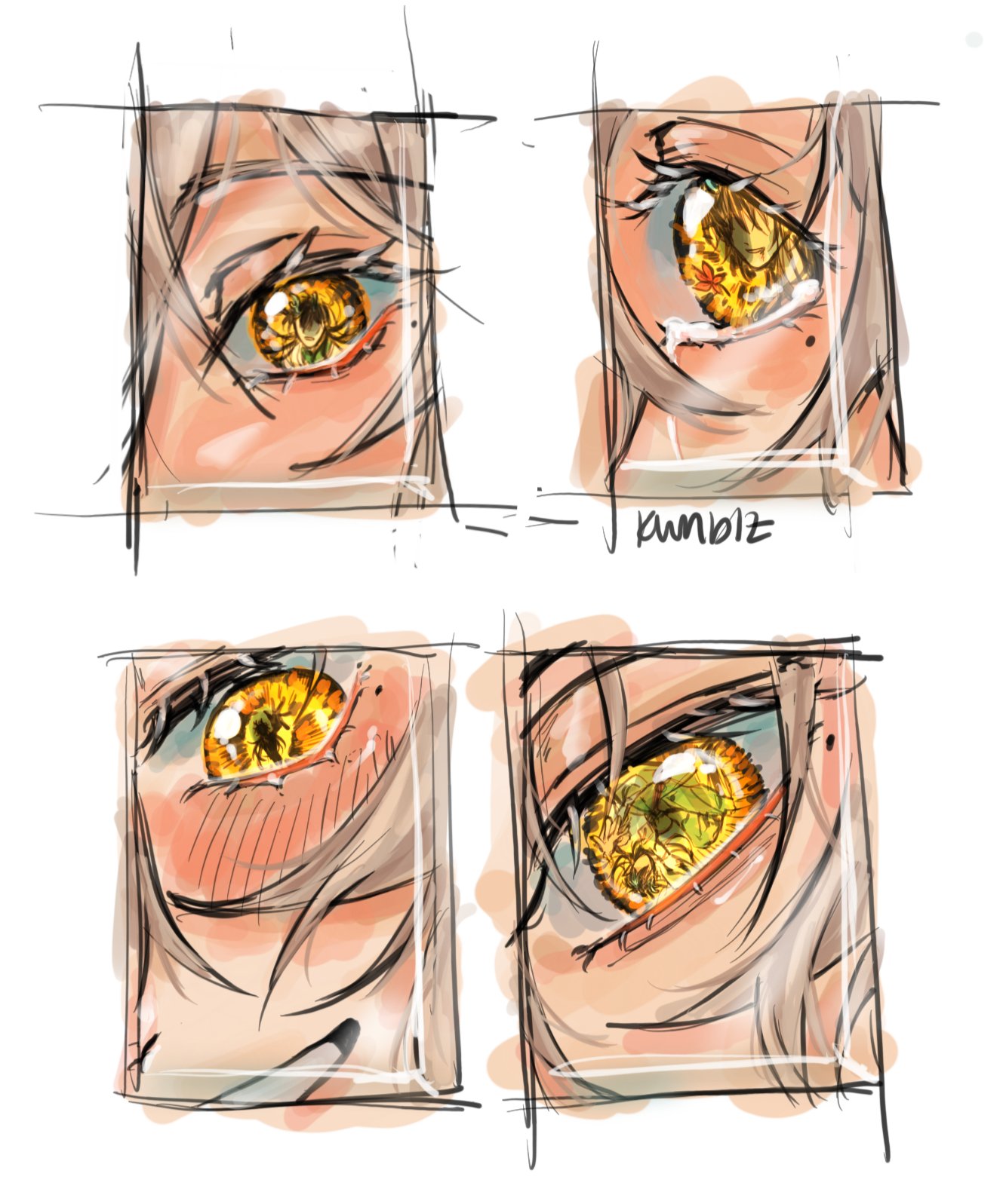 this image shows a drawing of four closeup images of an anime girl's eye. all of the eyes have a similar shape and are looking in different directions. the irises of the eyes are a bright yellow with a complex pattern inside. the eyes are drawn in a manga/anime style with exaggerated features and thick black outlines. the drawings appear to be sketches or drafts of the eyes.