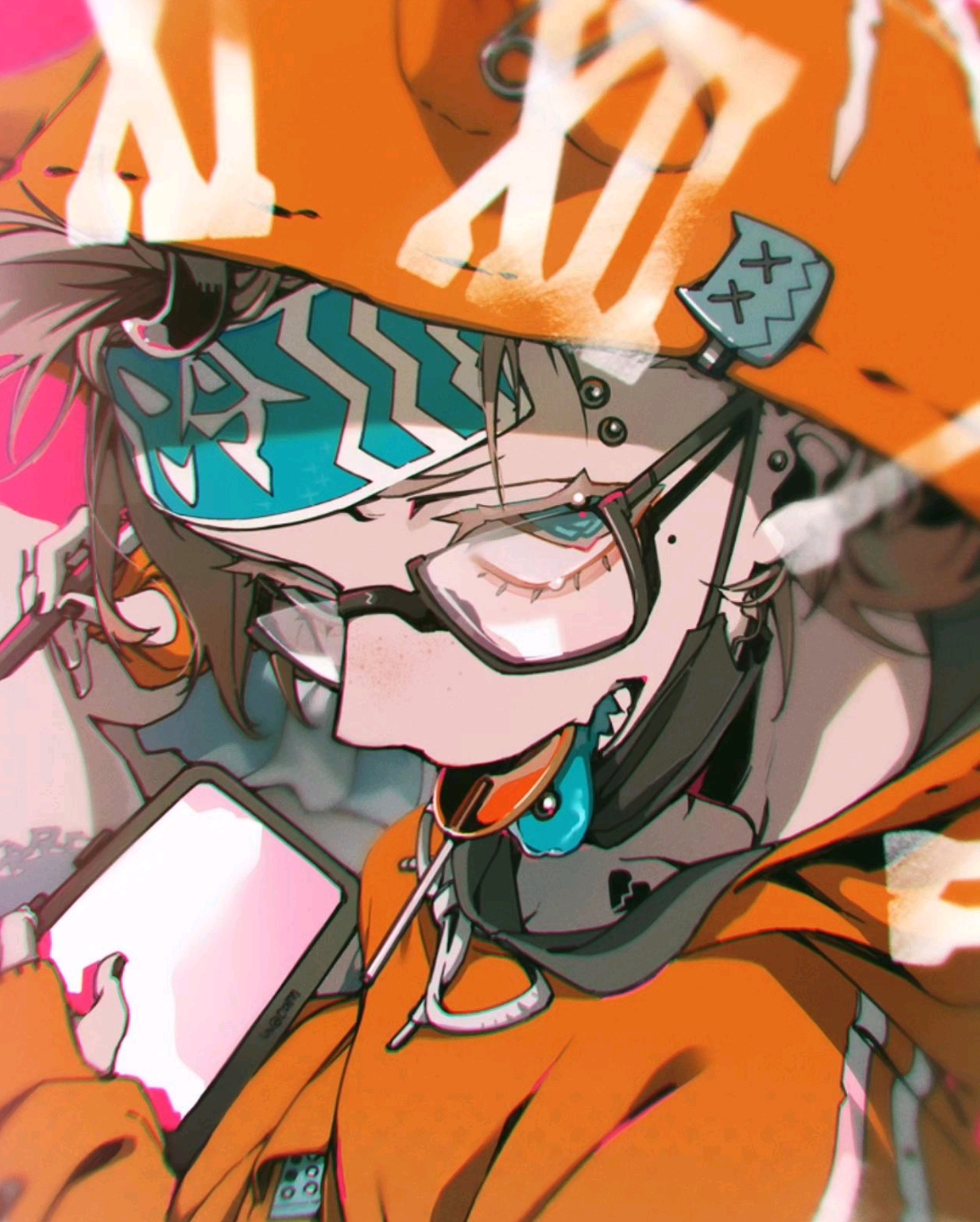 the image is a stylized anime illustration of a character with an orange hoodie and eyeglasses, holding a drawing tablet. the character has a blue headband and is sticking out his tongue. he appears to be in the process of digital drawing.