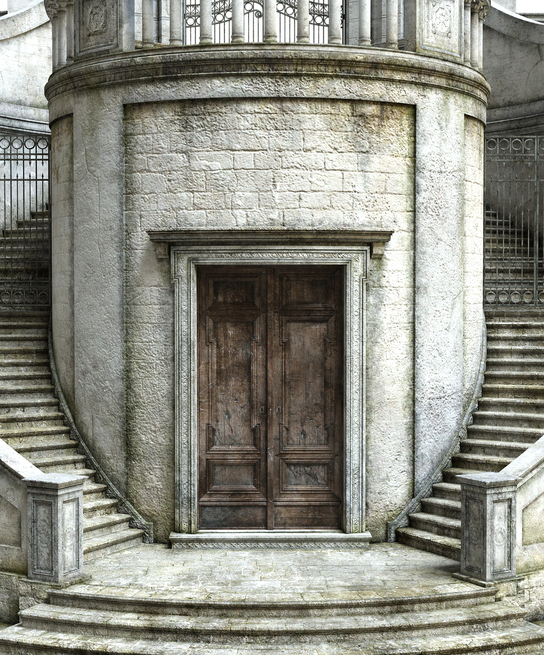 the image shows a stone building with a large, ornate wooden door as its central feature. the building is flanked by curving stone staircases, each leading to a higher level of the structure. the overall aesthetic is aged and somewhat imposing.