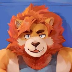 the image shows a painting of a male anthropomorphic lion. he has orange fur, blue eyes, and a happy expression. he is wearing a blue tank top. the background is a bright blue. the lighting is soft, and the perspective is a closeup.
