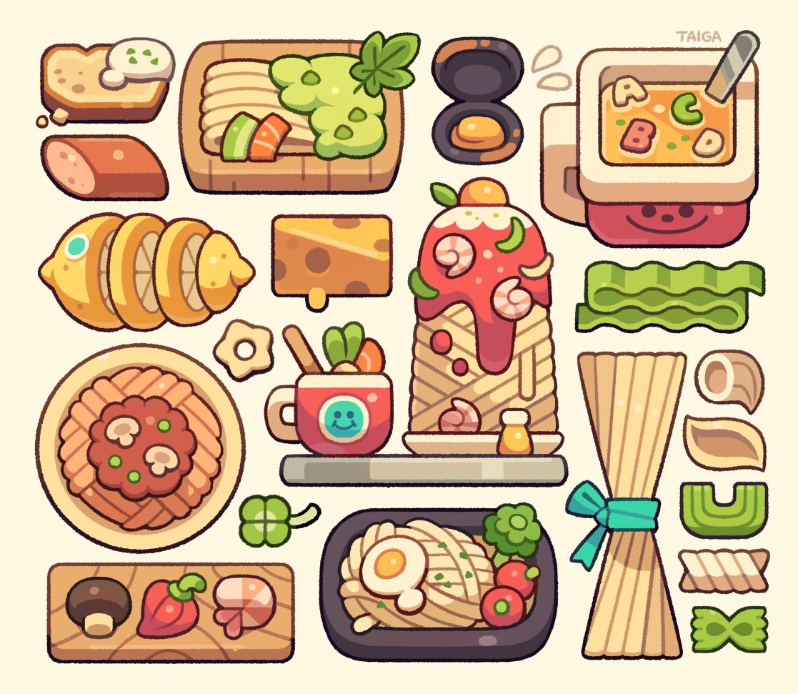 the image is of a variety of different pasta dishes, ingredients, and cute foodthemed illustrations. there is a bowl of alphabet soup with a smiling face, a plate of spaghetti with pesto and peas, a plate of spaghetti and meatballs, and a plate of carbonara. there are also illustrations of garlic, onions, mushrooms, lemons, and herbs. the style is cute and kawaii, and the colors are bright and cheerful.