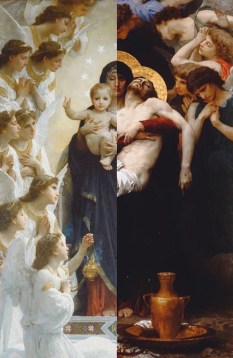 the image is a composite of two classical religious paintings. the left side depicts the virgin mary holding the baby jesus, surrounded by angels, illuminated by a divine light and stars. the right side portrays the pietà, with the lifeless body of jesus held by mourners, emphasizing sorrow and lamentation, and a dark background with a vase. the combined artwork illustrates the birth, life, death, and potential resurrection of jesus christ.
