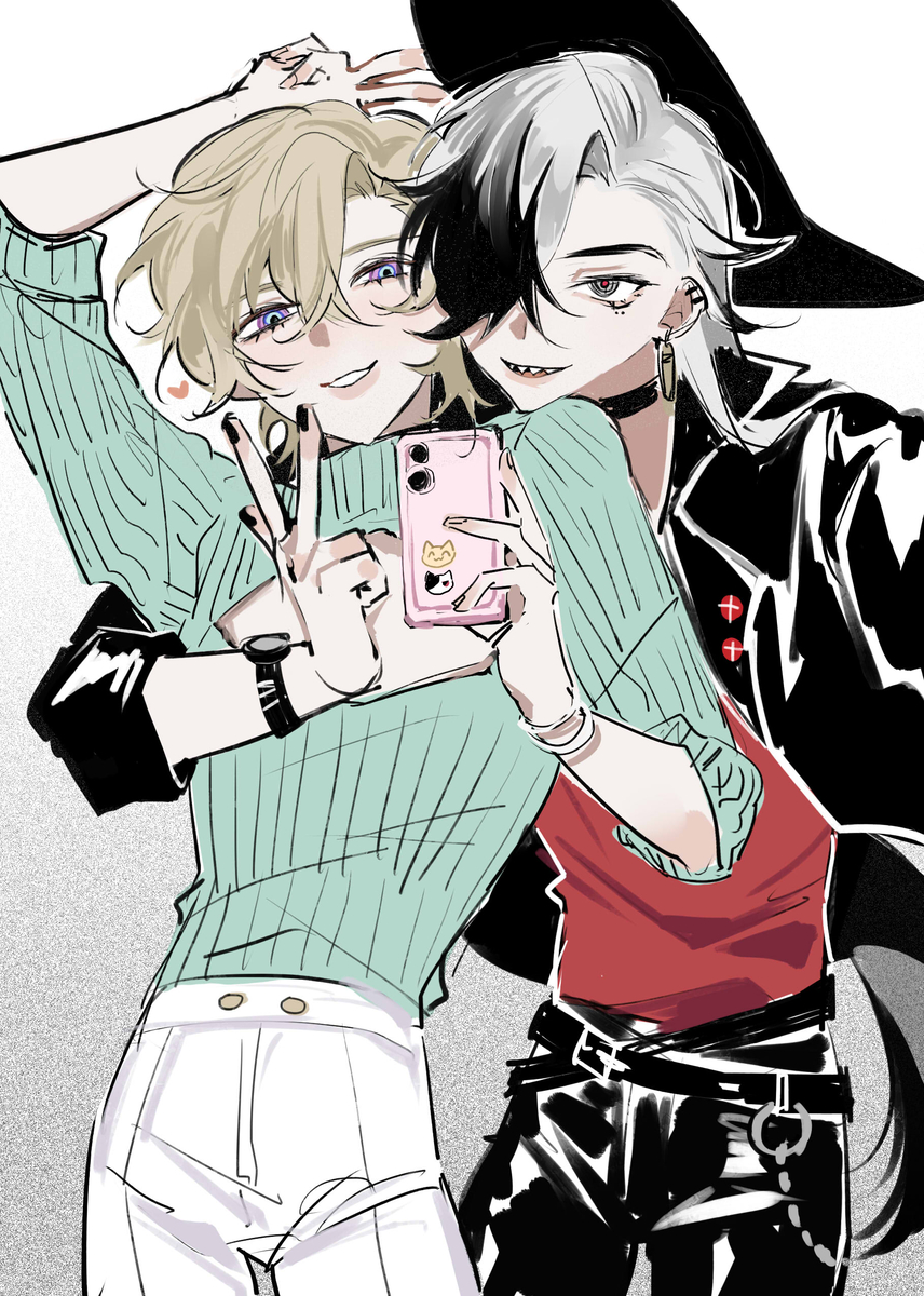 the image shows a cute anime couple taking a selfie together. the girl has short blonde hair and wears a green sweater and white pants. the boy has black and white hair and wears a leather jacket, black pants, and a red shirt. they are both smiling and holding a pink phone. the image is drawn in a black and white style with some color added in for the clothing.