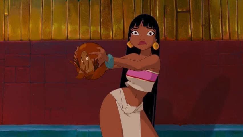 this cartoon image portrays a smiling, beautiful woman with long black hair, wearing a pink and white outfit, holding a fuzzy, brown bird. her background consists of a reddish brown wall, with wood paneling of the same color above it. the colors in the image are bold and bright, emphasizing the vibrant cartoon aesthetic. the woman appears to be joyful and energetic, with her arms raised above her head and a playful expression on her face.