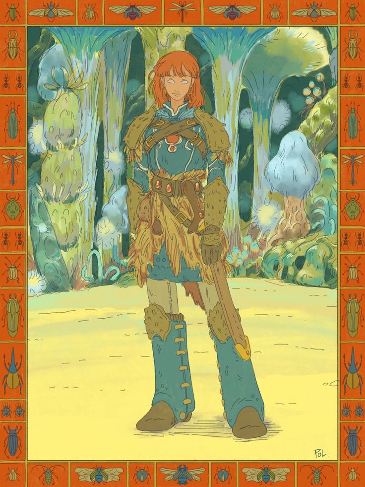 the image is a digital painting or illustration in a stylized, whimsical fantasy art style. it depicts a young female warrior in medievalstyle armor and clothing standing in a fantastical forest. the forest is vibrant, with unusual mushroomlike plants and a variety of insects depicted in a border around the image. the character's armor is detailed, and she carries a sword or similar weapon. the overall color palette is pastel and lighthearted, with a focus on warm, earthy tones and soft blues and greens. the style evokes a sense of adventure and lighthearted fantasy, possibly referencing video game or rpg art.