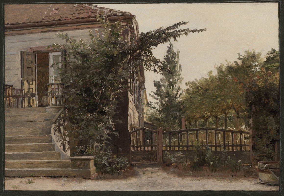 the image is a painting depicting a house with a garden. the house has a set of stairs leading up to a porch with a doorway. vegetation and trees surround the house and garden. a gate and fence are visible in the background. the overall scene is a landscape view of a residential area with natural elements.