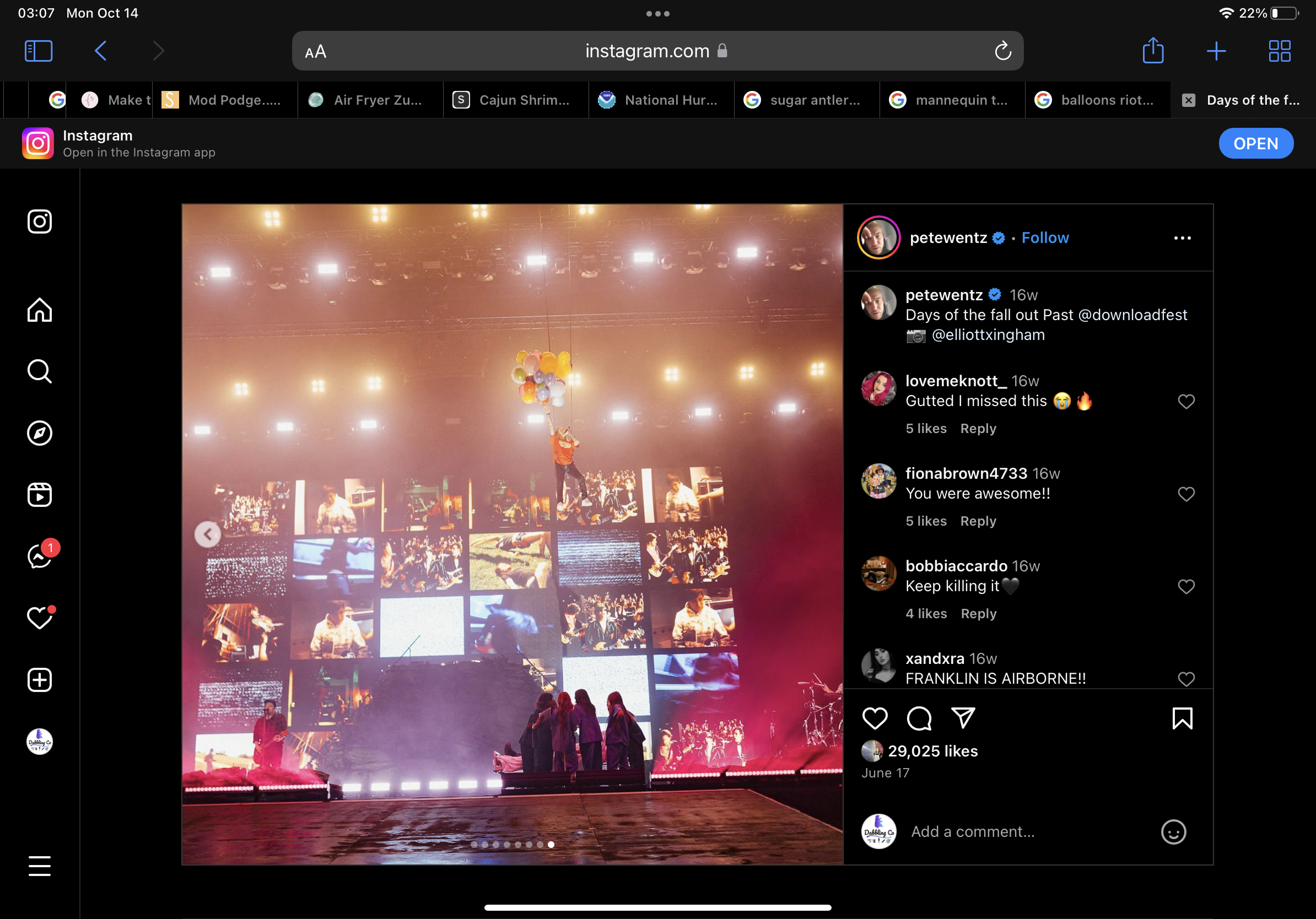 this is an instagram post from pete wentz about the download festival. it shows the stage with a screen playing the live music.