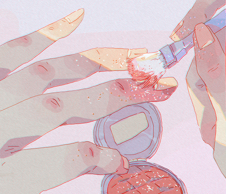 this image shows a closeup of a hand applying glitter to the fingers with a makeup brush. the hand is holding a blush compact, and the brush is dipped in the blush. the scene is set against a soft pink background, and the image is drawn in a soft, delicate style. the image is feminine and aesthetic, and it conveys a sense of beauty and selfcare.