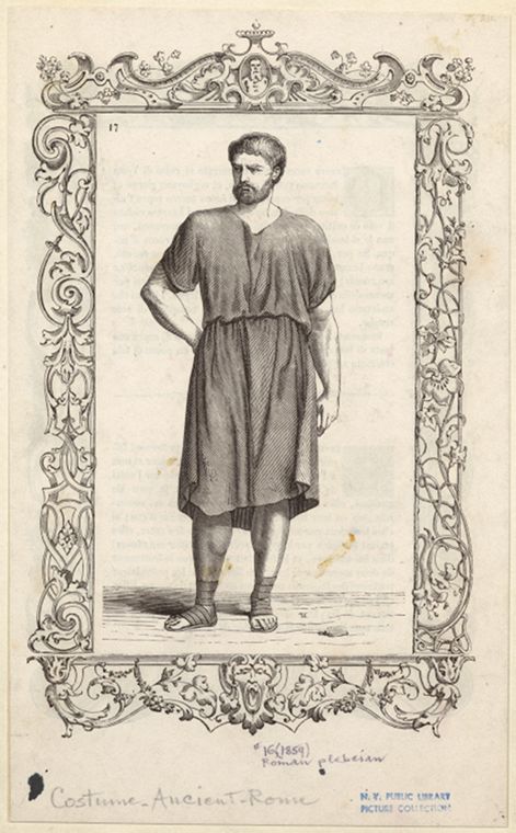an illustration shows a man dressed in ancient roman clothing, likely a plebeian, standing within a decorative frame. the man has a beard and is wearing a tunic and sandals. the frame around the figure features ornate designs and details, suggesting a historical or artistic depiction.