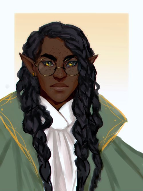 a digital painting of a darkskinned elf woman with long dark hair styled in braids. she wears round goldrimmed glasses, a white collared shirt, and a green coat with gold accents. her expression is serious. the style is reminiscent of fantasy character art. the background is a simple, muted yelloworange.
