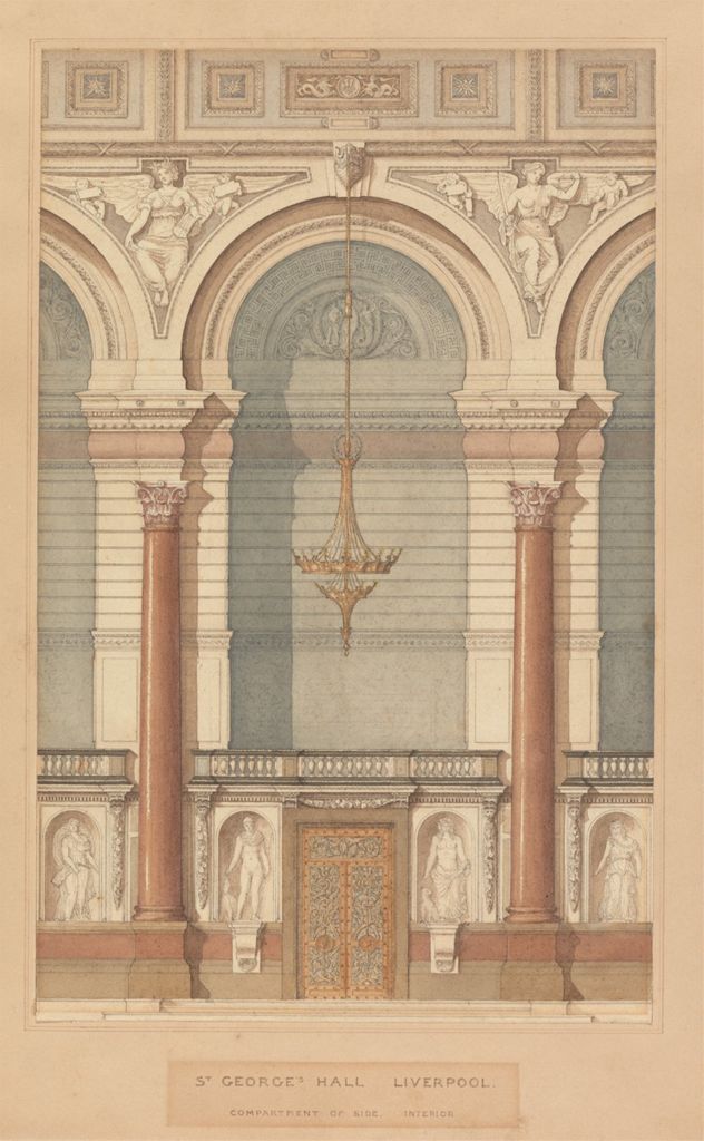 this is an architectural illustration of the interior of st. george's hall in liverpool. the drawing features a row of arches supported by red columns. above the arches are sculptures of figures. a chandelier hangs in front of the central arch. below the arches is a balcony, and a set of ornate doors flanked by sculptures. the text "st. george's hall liverpool" is visible at the bottom of the image.