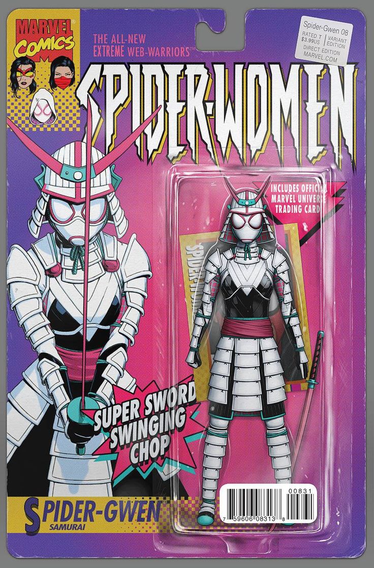 this is an action figure packaging of spidergwen in a samurai suit. the packaging is pink and white with the words "spidergwen samurai" in large, bold letters at the bottom. the action figure is in a clear plastic window, and it is wearing a white samurai suit with pink accents. she is holding a sword in her right hand. the packaging also has a speech bubble that says "super sword swinging chop."