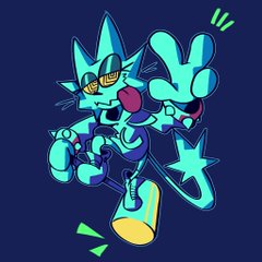 a cartoon cat character, designed in a vibrant neon color scheme, is depicted skateboarding. the character has a mischievous expression and exaggerated features. the overall style is dynamic and energetic, with a focus on motion and playful energy.