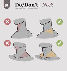 this chart describes how to and not to draw the neck muscles on a human figure. the top row describes how to draw the sternocleidomastoid, and the bottom row describes how to draw the trapezius. on the left side are incorrect examples marked with red xes. on the right side are correct examples marked with green checkmarks.