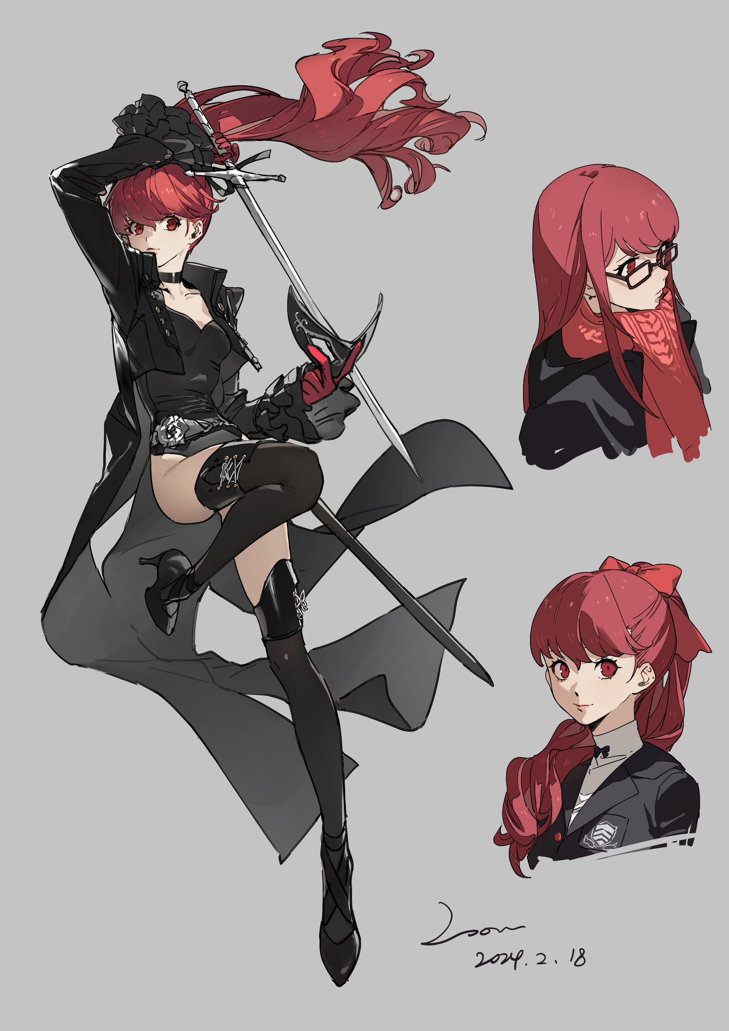 this image contains concept art of a female anime character.  the main focus is a dynamic illustration of a redhaired woman in a black, stylish outfit wielding a sword.  she's posed dramatically, showcasing her confident and powerful stance.  smaller, supplemental sketches show alternate hairstyles and expressions of the same character, suggesting variations in her overall design. the artwork is wellexecuted with attention to detail in the character's clothing, hair, and weapon, and the artist's signature and date are visible in the bottom right.  the style suggests a connection to video game character design, potentially inspired by the persona series.