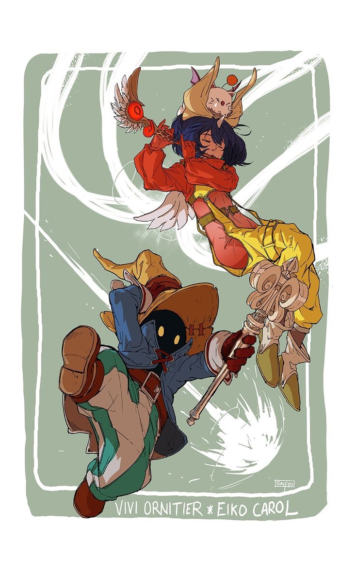 the image is an illustration featuring vivi ornitier and eiko carol from final fantasy ix. vivi is a black mage wearing a blue coat, brown hat, and red gloves, holding a staff. eiko is a summoner with a red top, yellow dress, and a moogle on her head, holding a staff with a winged emblem. the characters are set against a light green background with white swirling lines, and the names "vivi ornitier  eiko carol" are written at the bottom.