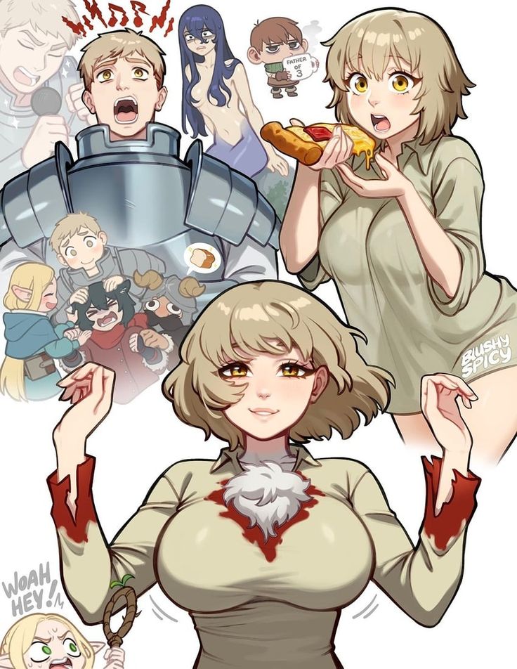 the image is a vibrant digital illustration in anime style.  the central focus is on a blonde woman with large breasts, wearing a beige, loosefitting shirt with a stylized bloody stain on her sleeves. she is playfully presenting herself, possibly showing off a  shirt with damage or a humorous stylistic element. she is holding a slice of pizza in one hand.  the background is filled with smaller, inset images showcasing other characters and scenes. these include a knight in armor singing into a microphone, a group of children, an elflike girl, and a mermaidlike figure. the scene appears to be a composite of several different narrative elements, creating a humorous and fantastical effect. the artist's signature "bushey spicy" is visible in the lower right. the overall style is bright, colorful, and whimsical, with an emphasis on character expressiveness and comedic timing.