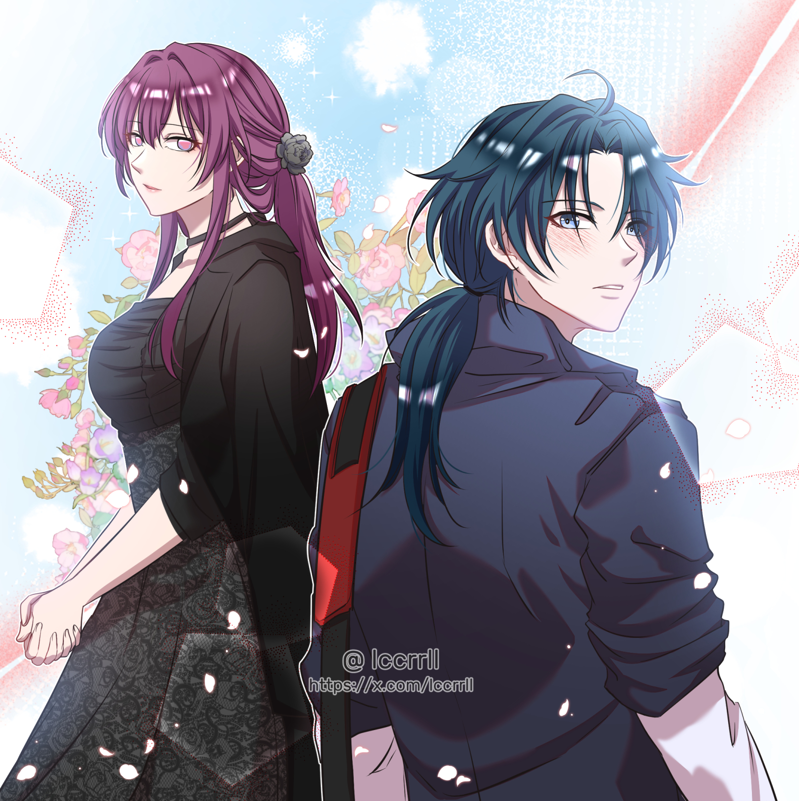 this is an animestyle illustration of a young couple standing in front of a background of pink and white flowers. the girl has long, pink hair that's styled in a ponytail. she's wearing a black dress with white lace. the boy has blue hair and he's wearing a dark blue jacket.  the couple is looking at each other. they are both smiling and seem to be very much in love.  the image is a beautiful and romantic depiction of a couple's love.