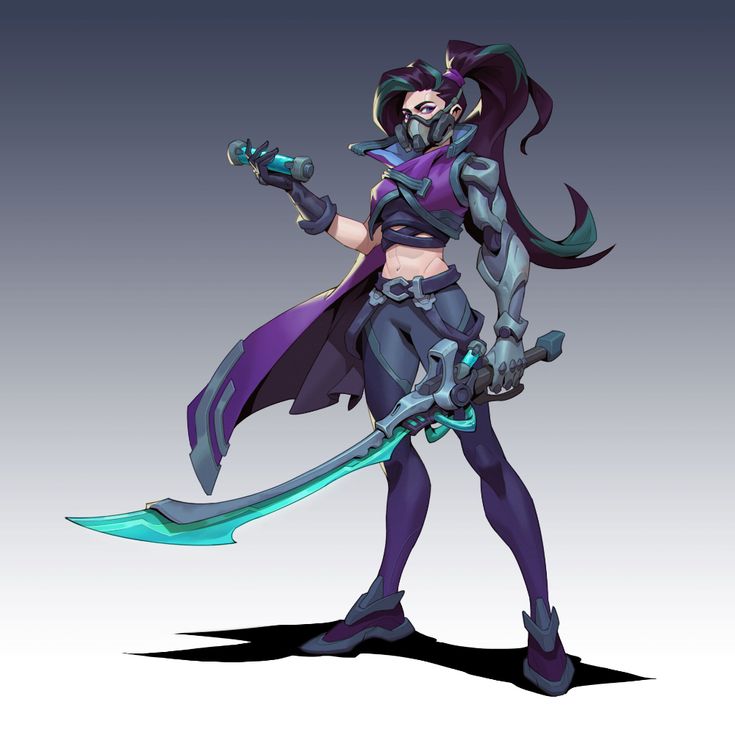 the image is a digital illustration of a female warrior character.  she is styled in a cyberpunk/fantasy aesthetic, with a mix of futuristic and medieval elements in her clothing and weaponry.  she wears a dark purple and teal outfit, including a long coat, metallic arm guards, and dark pants. she has a gas mask and her long dark purple hair is styled in a high ponytail. the character holds a futuristic, glowing tealbladed sword and a small cylindrical object, possibly a vial or weapon component, in her other hand. she stands in a confident, powerful pose, ready for battle. the art style is reminiscent of anime and digital painting, with vibrant colors and detailed character design. the background is a simple, muted grey, allowing the character to be the clear focal point.