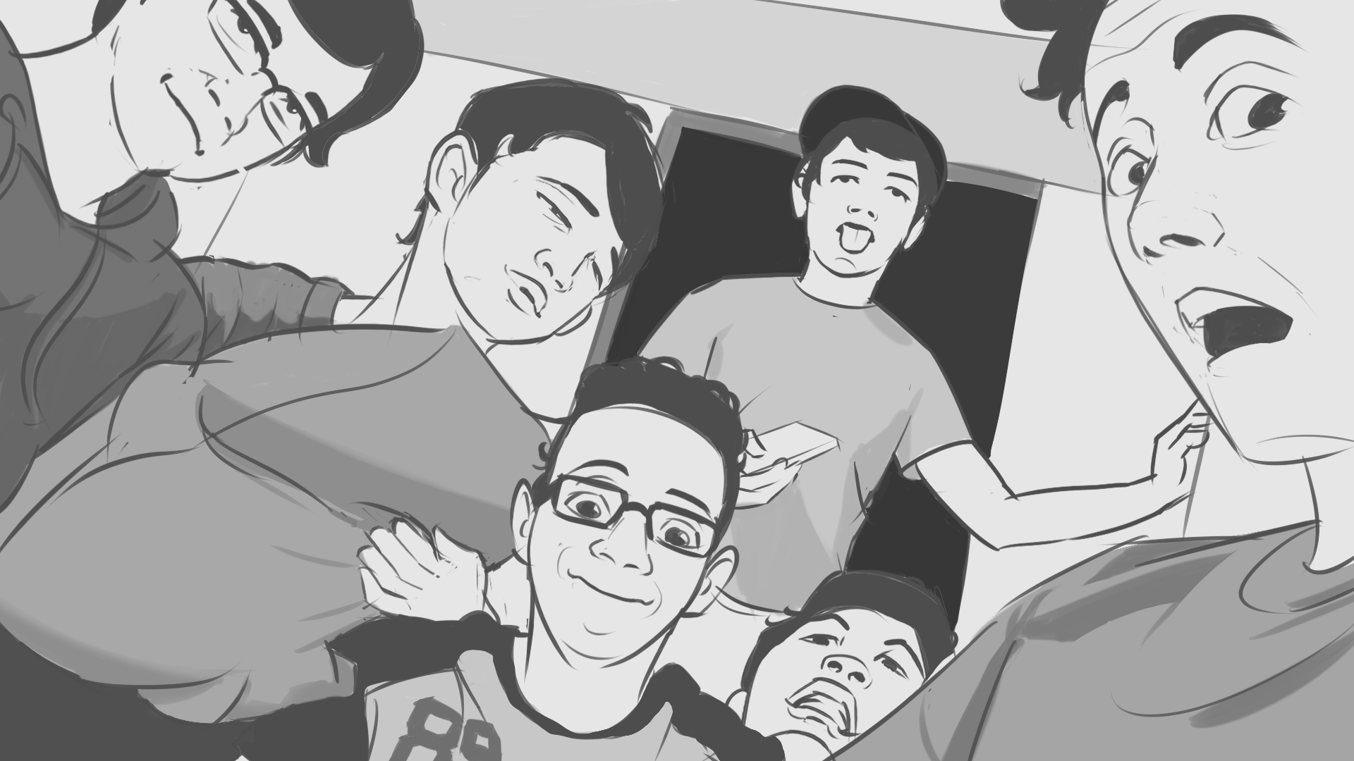 a black and white sketch depicting a group of six young friends taking a selfie. the style is loose and expressive, capturing the energy and dynamics of the moment. the friends are close together, their faces and expressions clearly visible.  the drawing emphasizes their youthfulness and joyful interaction.  the overall mood is lighthearted and informal.
