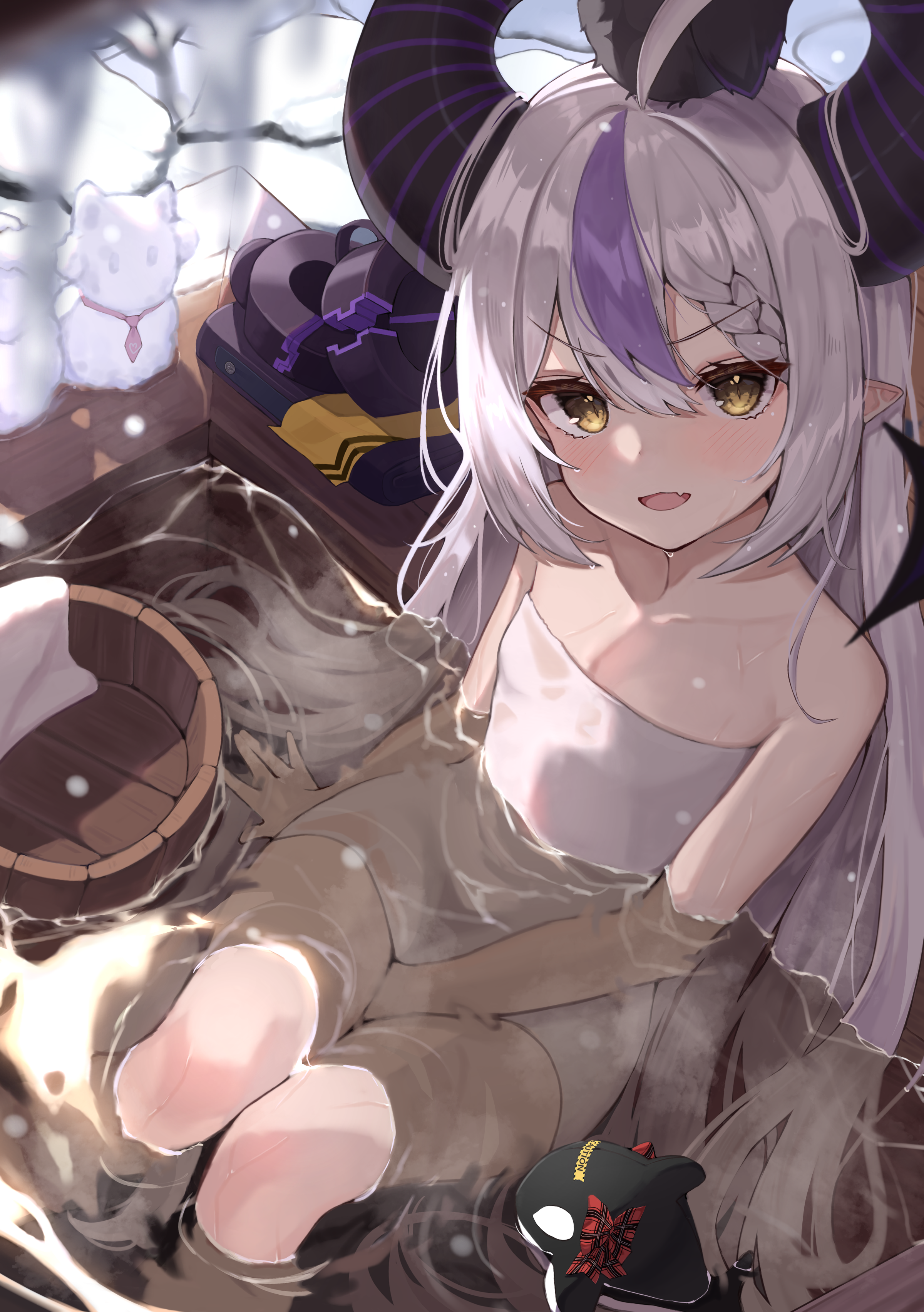 the image is a digital drawing of an anime girl with long purple and white hair and large black horns. she is sitting in a wooden bath tub filled with hot water, and appears to be relaxing.  she is wearing a lightcolored cloth wrapped around her shoulders. there are small white animal figures near the tub, and other objects such as shoes and a small dark accessory are visible nearby. the overall style is soft and pastel, giving a calming and peaceful feeling. the background hints at a snowy or wintery environment.