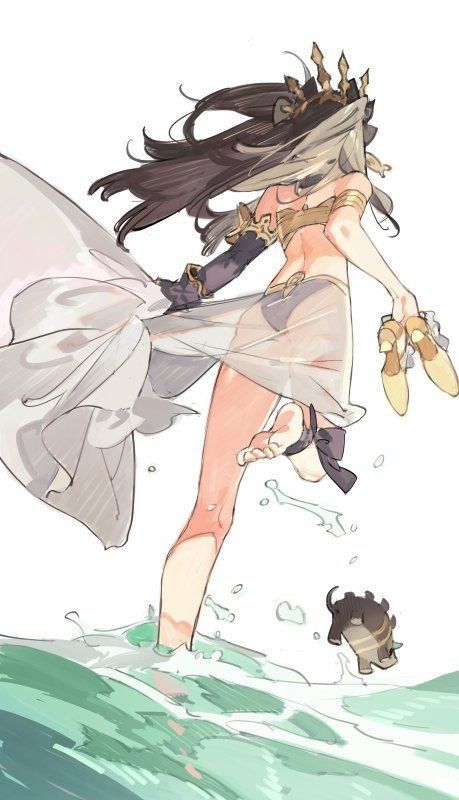 the image depicts an anime girl with long brown hair in a bikini running through the water towards the right side of the image. she has a white dresslike garment draped around her and she is barefoot.  her eyes are hidden behind her hair and she looks to be smiling. the water is clear and turquoise blue. there is a small creature behind her to the right, running in the water with her, which appears to be a sea creature.  the image is a colorful and happy depiction of a young woman enjoying herself at the beach.