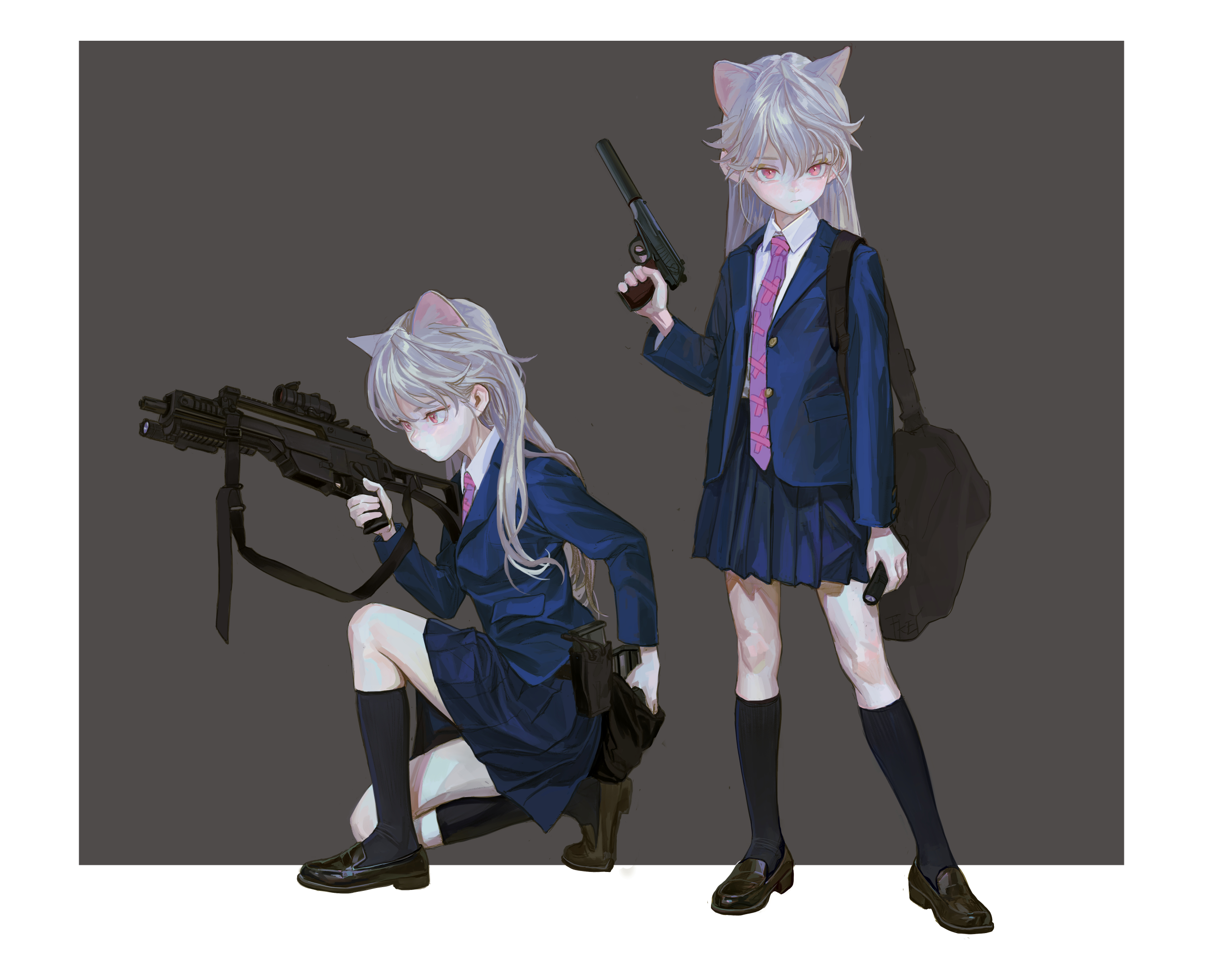 two anime girls with cat ears are depicted wearing school uniforms and holding guns. one kneels with an automatic weapon, while the other stands holding a pistol. the standing girl has a duffel bag over her shoulder. both wear black socks and shoes, short skirts, and pink ties with their navy school jackets. they have pale skin and white hair.