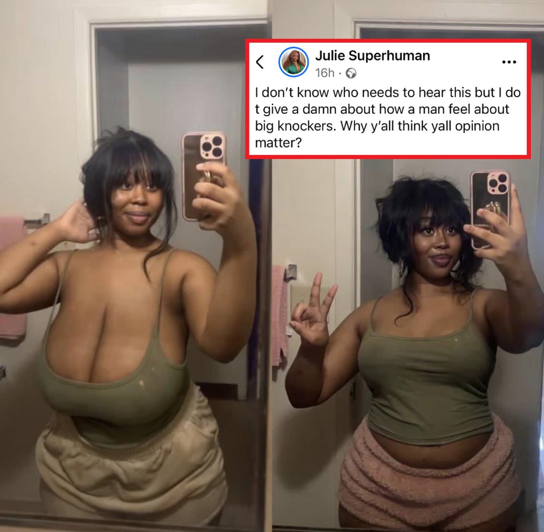 a black woman is taking a selfie of herself in the bathroom mirror. she is wearing a green tank top and pink shorts.  the selfie is taken in front of a bathroom mirror. the woman is smiling at the camera.  the caption to the selfie reads "i don't know who needs to hear this but