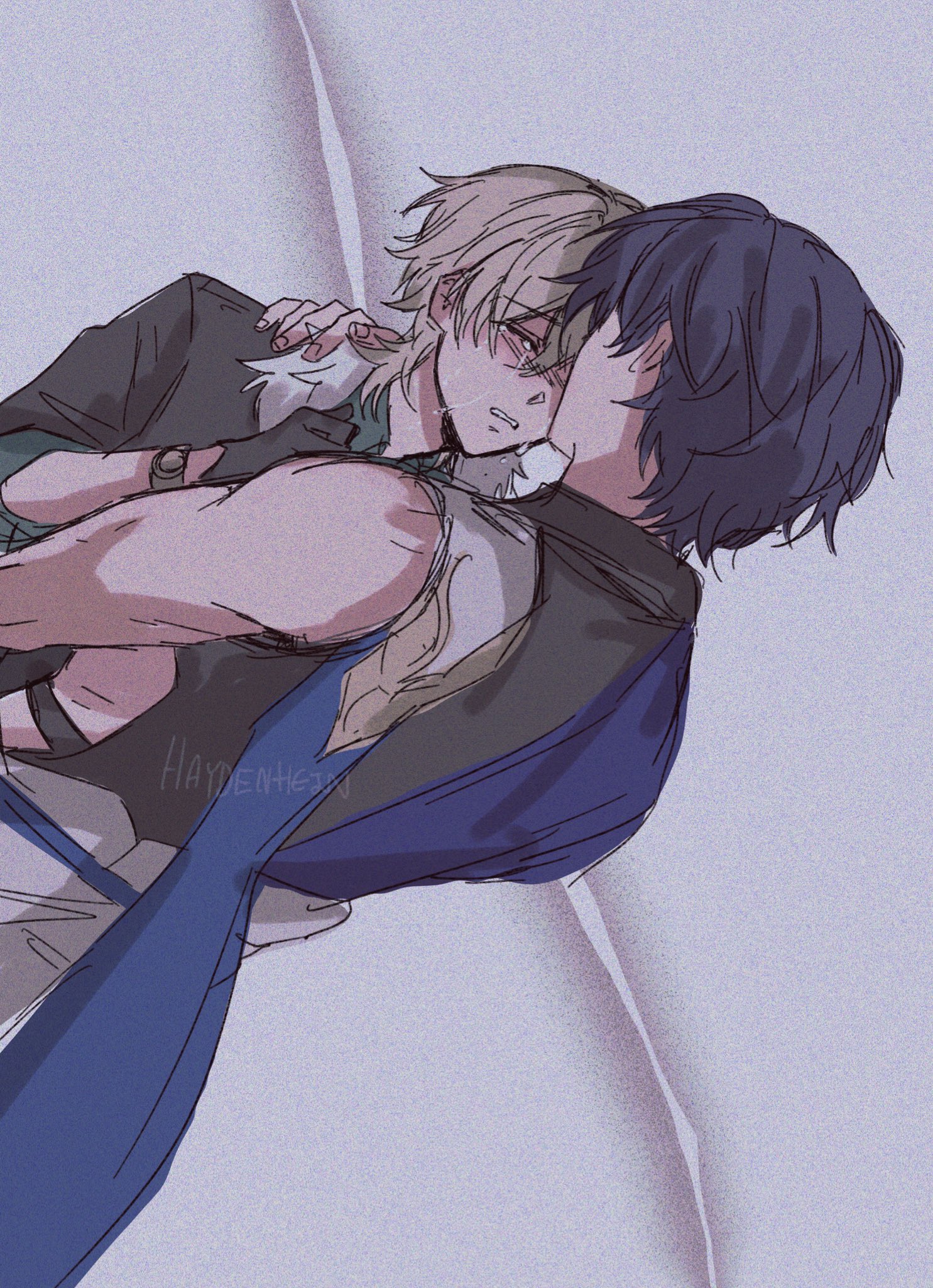 the image depicts two anime boys in a close embrace. the boy on the bottom is wearing a blue jacket and has dark blue hair, while the boy on top is wearing a green shirt and has blonde hair. the boy on top is crying, and the boy on the bottom is holding him tightly. the scene is drawn in a manga style and conveys a sense of comfort and support between the two boys.