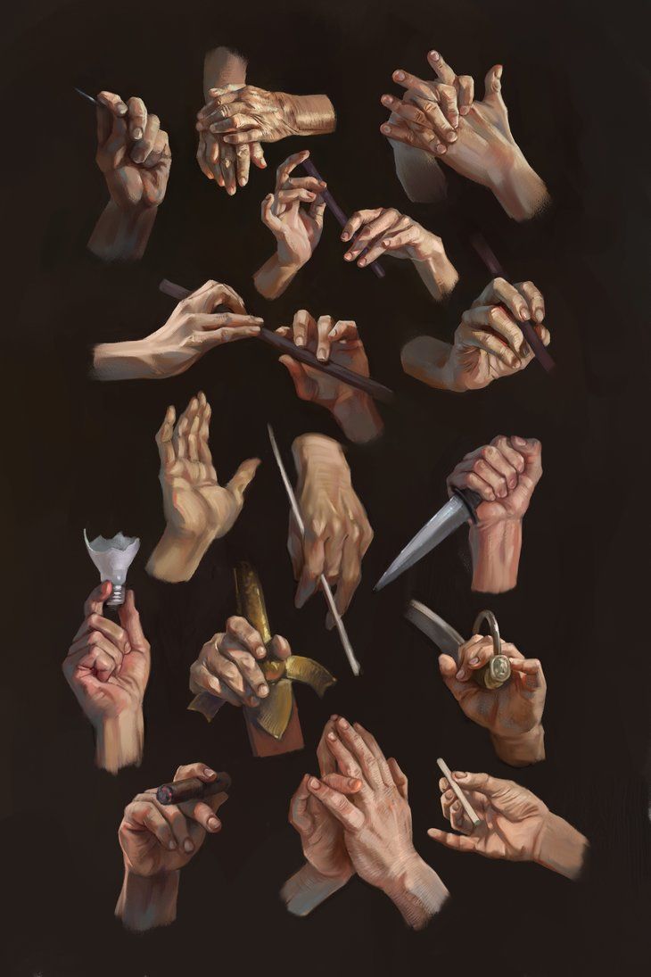 a collection of painted studies of hands in various poses gripping different objects. the hands are realistically rendered with light and shadow, showcasing different grips and positions. the background is a dark, neutral color that allows the hands and objects to stand out. objects include writing tools, a sword, a knife, a ring, and other miscellaneous items.