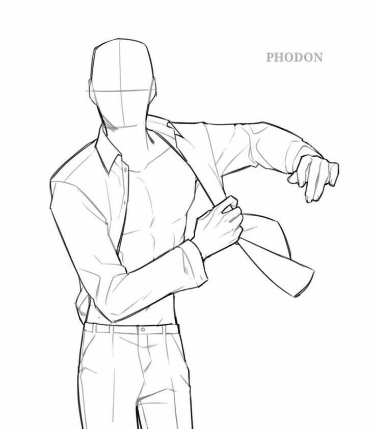 a line drawing of a male figure standing and adjusting his shirt with an expressionless face.