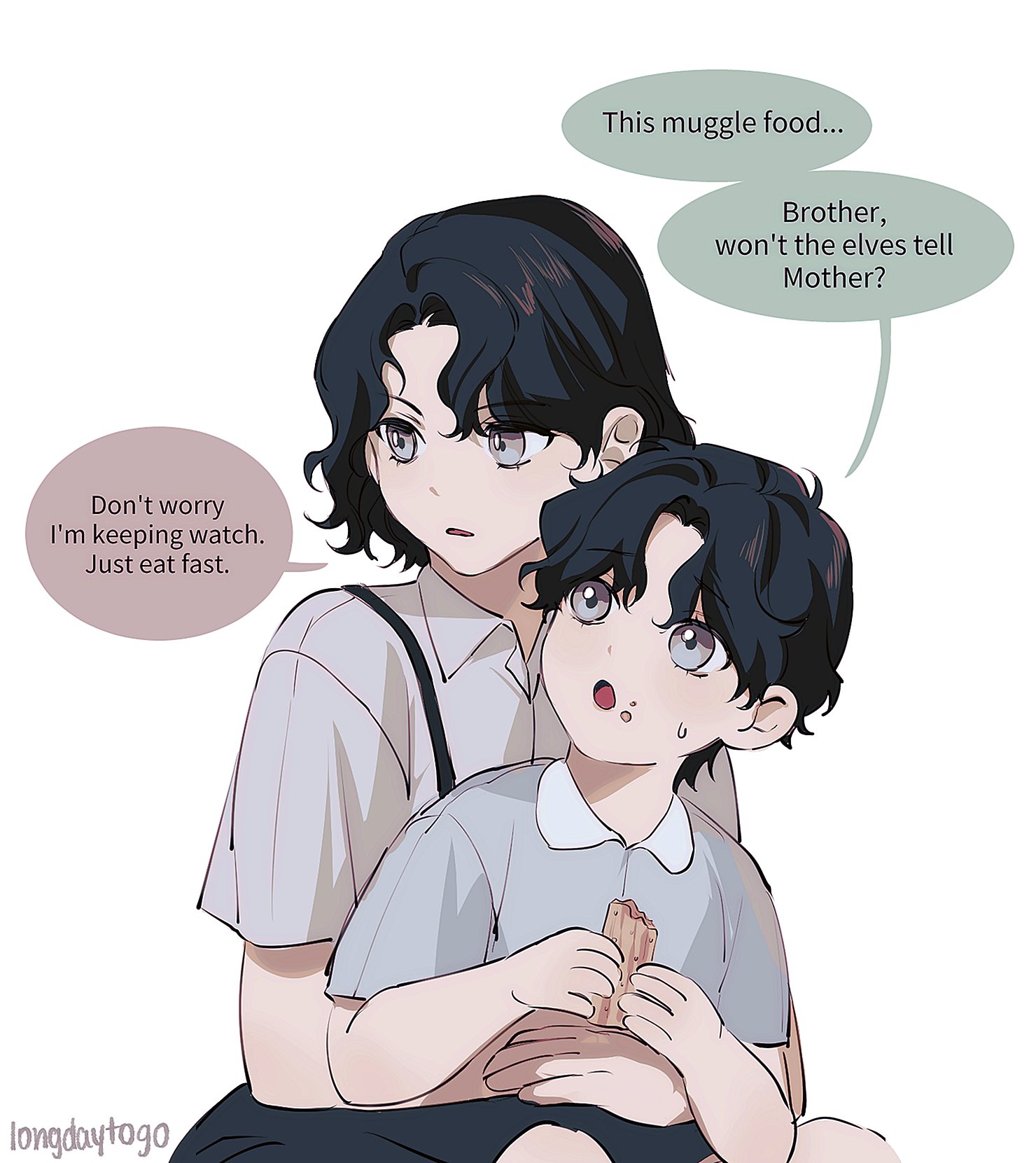 the illustration depicts two young children, a brother and sister, possibly from a fantasy setting. the older sister is feeding the younger brother a "muggle" food, looking somewhat worried while she keeps watch.  a speech bubble above the sister indicates that they are concerned that house elves might tell their mother about them eating the forbidden food. the younger brother looks apprehensive but curious. the art style is soft and expressive, focusing on the children's emotions. the overall tone is a blend of concern, affection, and secrecy.