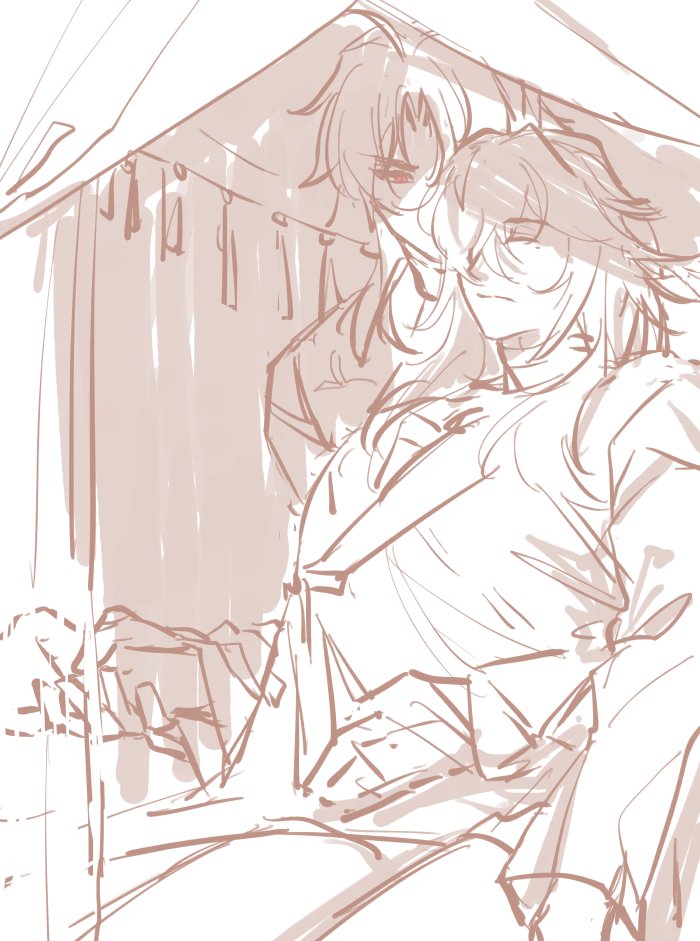 a handdrawn illustration of a young anime couple, hugging and cuddling in bed, with a canopy over them. the illustration is in a soft pink tone with thick lines and a minimalist style. the couple appears to be happily asleep, with a romantic and intimate atmosphere depicted.