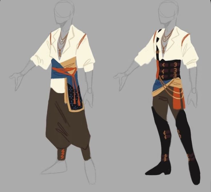 this image shows a fashion design illustration of two men in similar but different outfits. the men are wearing white shirts with red trim and a  belt with a blue sash.  the man on the left is wearing brown pants and the man on the right is wearing black pants with brown boots. the men are wearing necklaces with pendants.  the image is a  design sketch for an outfit.