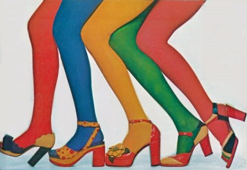 the image shows a graphic design featuring four pairs of legs wearing colorful tights (red, blue, yellow, and green) and vintagestyle highheeled shoes. the style is reminiscent of 1970s fashion. the background is white.