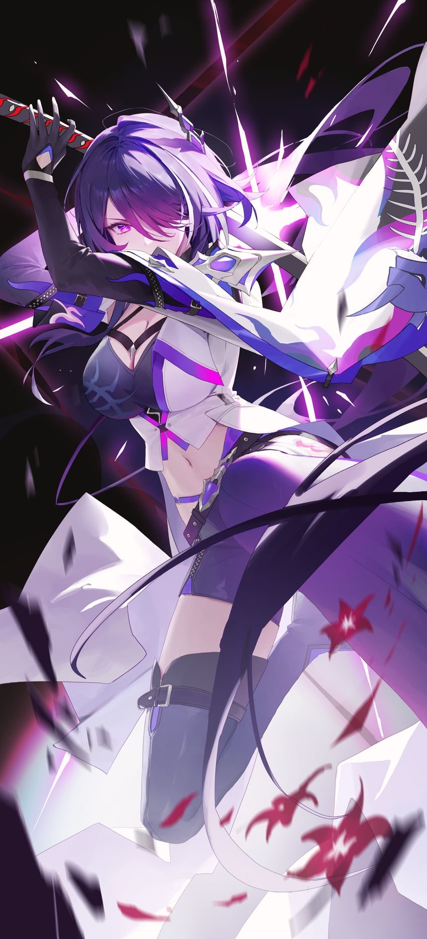 a fierce anime girl with purple hair is caught midaction, wielding a glowing sword. she's dressed in a futuristic, revealing outfit with black, white, and purple accents. the scene is dark, illuminated by neon lights and the glow of the sword. shattered glasslike fragments surround her, adding to the dynamic feel of the battle. the low angle perspective emphasizes her powerful stance.