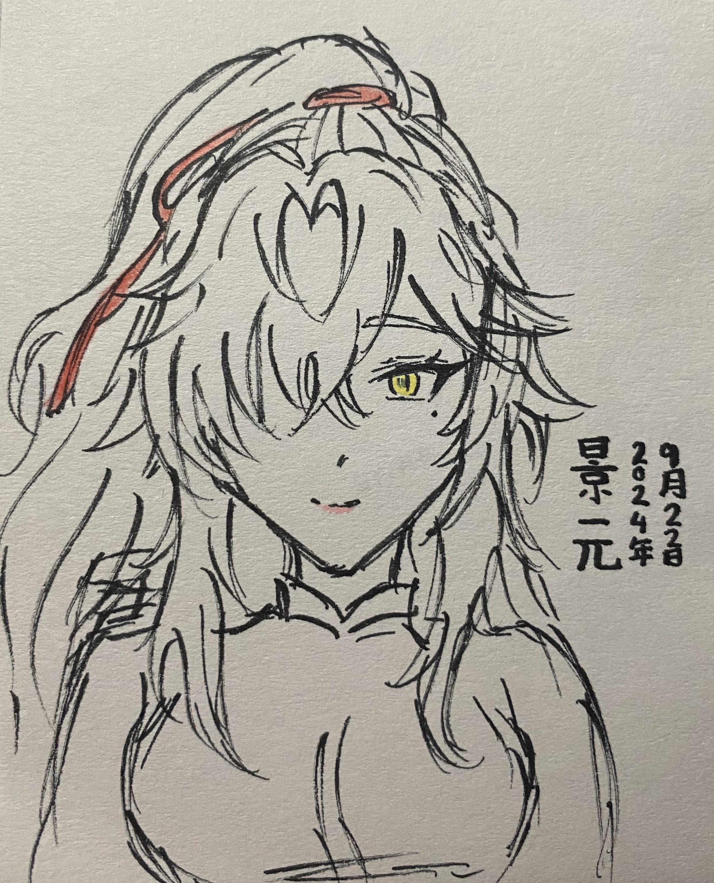 a black and white sketch of an animestyle girl with long hair tied back with a ribbon.  the drawing is detailed, with visible linework and shading. she has a calm expression and is wearing what looks like a traditional asianstyle collar. the date "2024年9月22日" (september 22, 2024 in japanese) is written in the corner, along with some other japanese characters. the overall style is delicate and slightly sketchy.