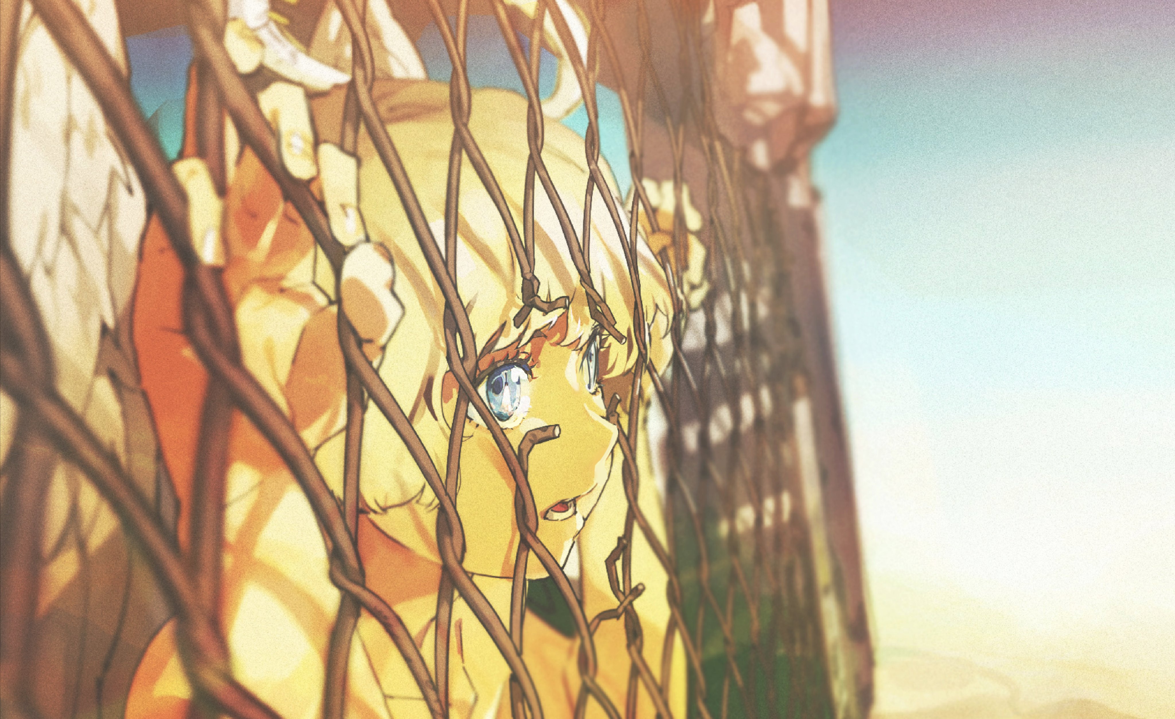 the image portrays a young girl with blonde hair and striking blue eyes peering wistfully through a rusty chainlink fence. the sun, likely setting, bathes the scene in a warm, golden light, highlighting the girl's delicate features and creating a poignant contrast with the harsh metal barrier.  the overall mood is a mix of sadness, longing, and perhaps a glimmer of hope, suggested by the sunlight and the girl's determined gaze.