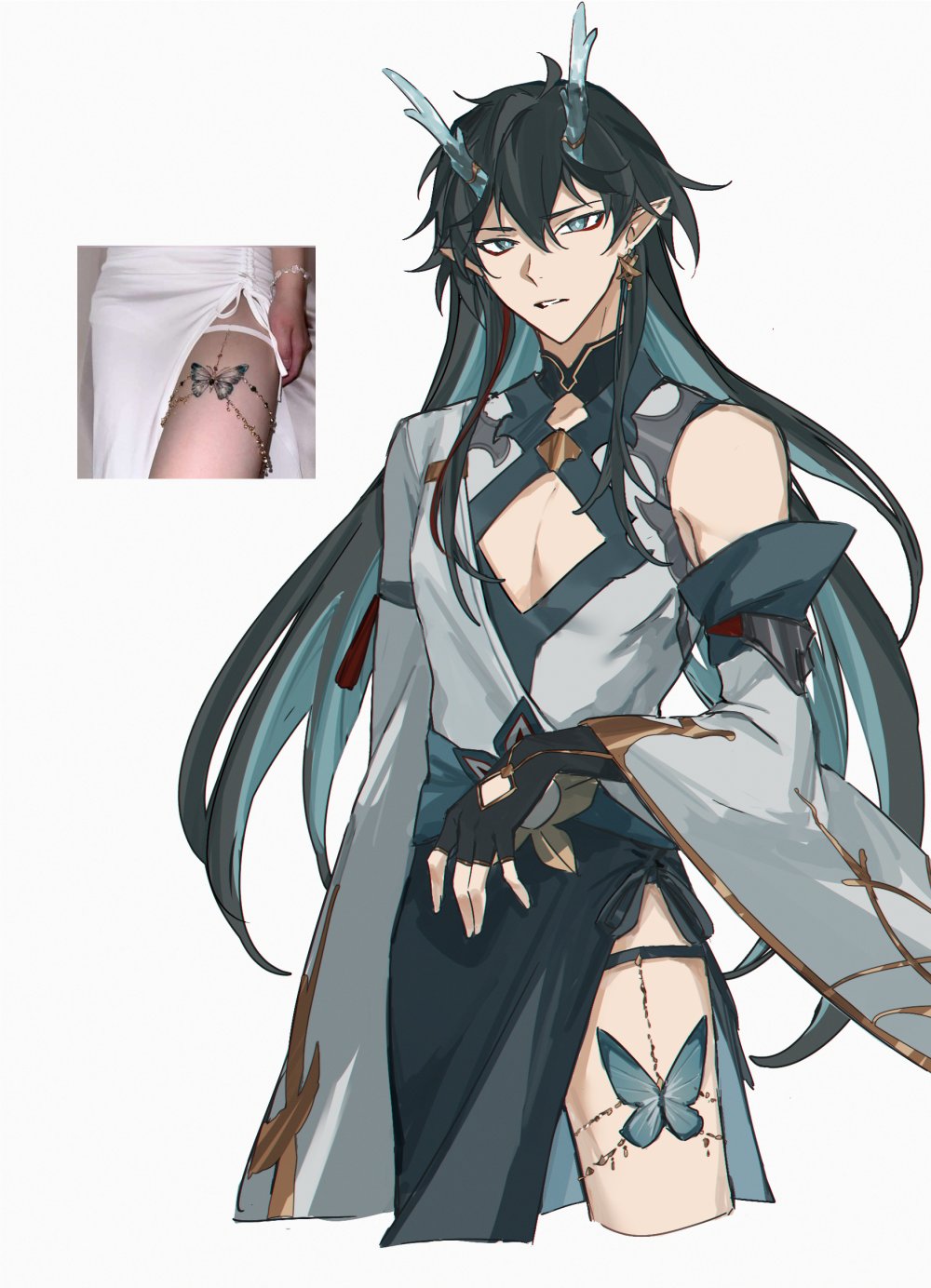 an anime character is shown. the character is male, with long black hair and blue streaks. he has horns, and a blue and white outfit with gold accents. he has a butterfly tattoo on his thigh, connected to a chain.  the background is white.