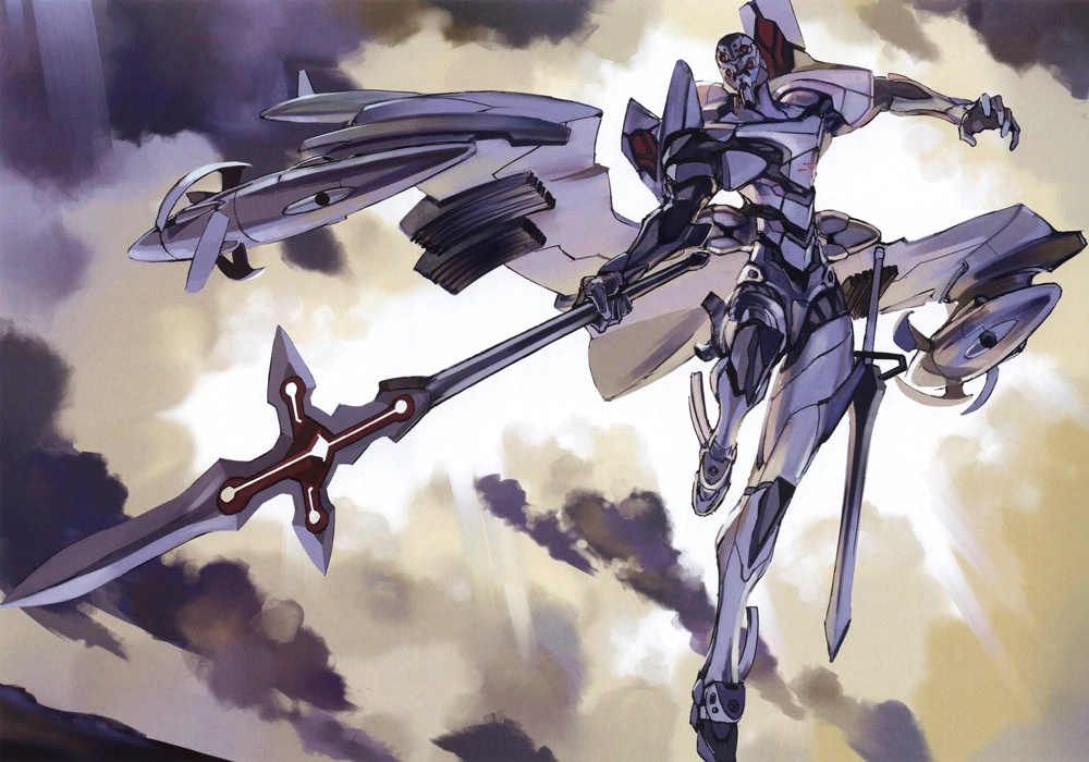 this is a digital illustration of a giant robot, or mecha, in a dynamic pose, as if it's midair. it has a large, glowing blade and a weapon that looks like a giant sword. the robot is flying against a backdrop of fluffy, white clouds in a sky that is a mix of purple and blue. this is a visually captivating image that suggests a sense of action and excitement.