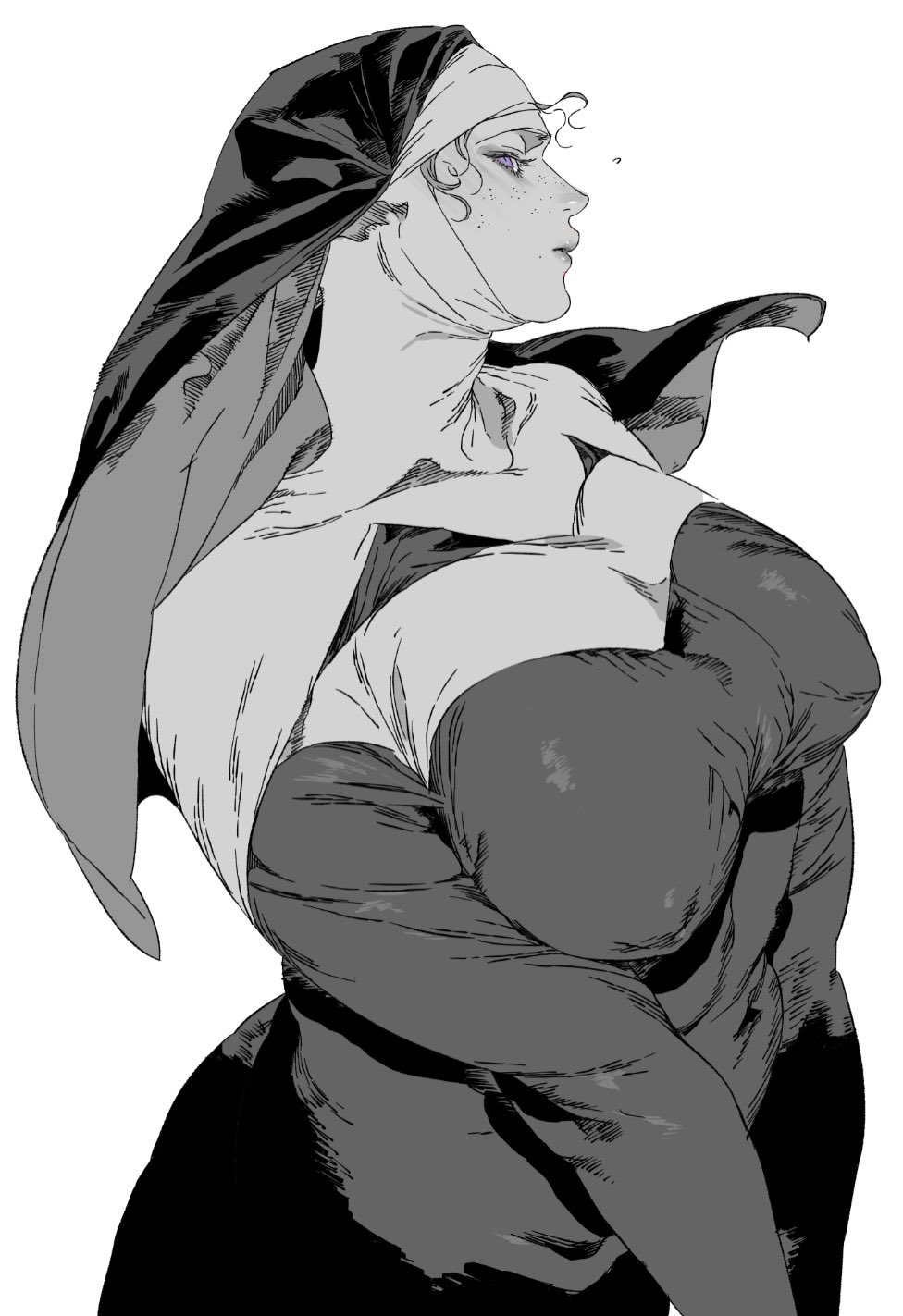 a grayscale illustration depicts a voluptuous woman dressed as a nun, her head covered by a traditional habit. she is viewed from the side, revealing her profile adorned with freckles. the drawing emphasizes her large bust.